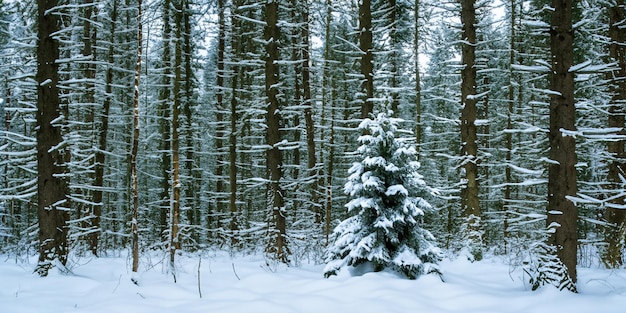 La bellezza invernale della natura trova un tocco festoso mentre l'albero di Natale abbellisce i boschi innevati