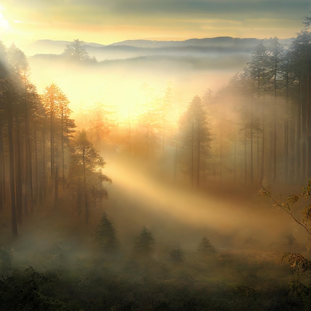 La bellezza mozzafiato di una foresta nebbiosa all'alba illustrazione I raggi del sole perforano la nebbia