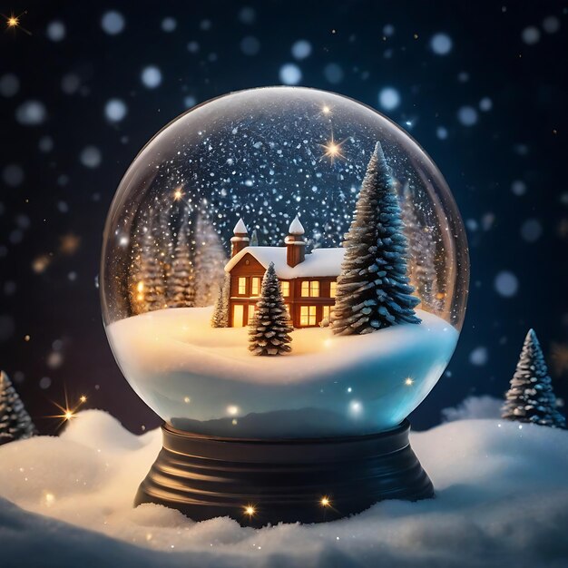 La bellezza serena di un globo di neve di notte con un magico villaggio natalizio con lanterne dolcemente accese