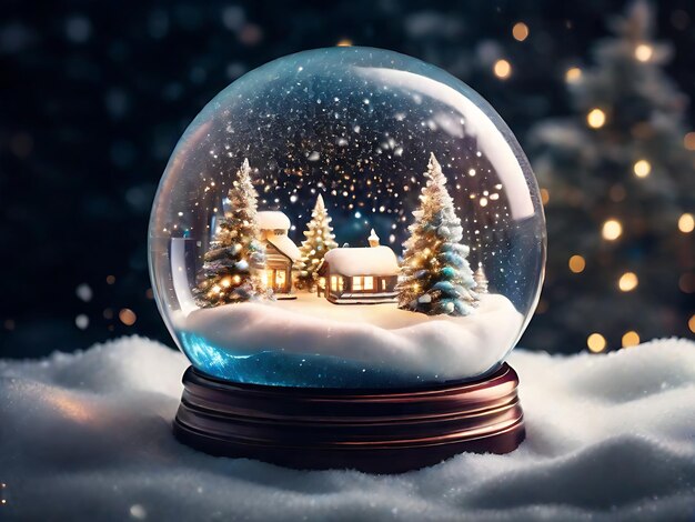 La bellezza serena di un globo di neve di notte con un magico villaggio natalizio con lanterne dolcemente accese