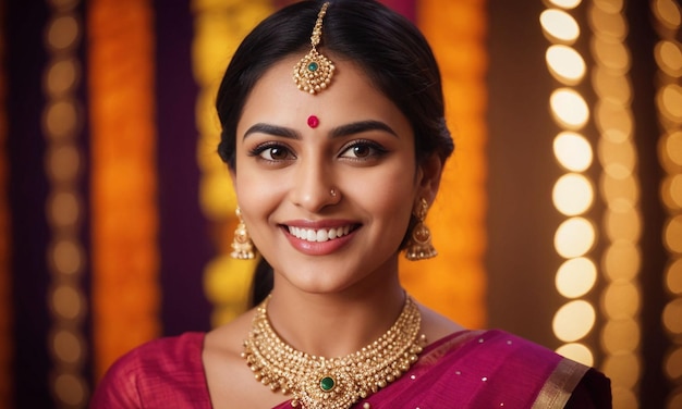 La bellezza tradizionale indiana sorride indossando un sari rosso