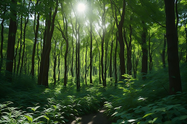 La bellissima foresta verde è bagnata dal sole questa mattina