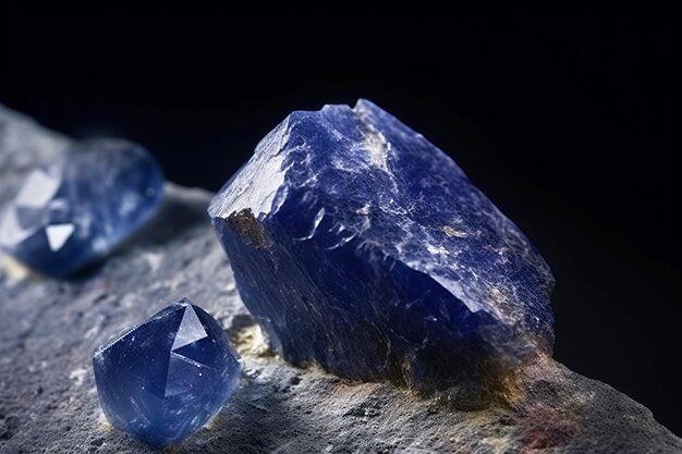 La benitoite è una rara pietra naturale preziosa su uno sfondo nero generata dall'AI.