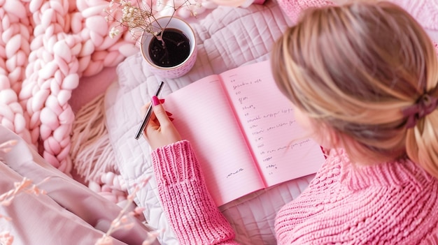 La Bibbia bianca e grigia rosa era piatta con il tè nero le rose rosa colorate la penna della Bibbia e la mano di una donna