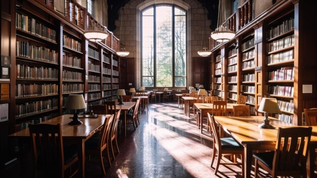 La biblioteca della biblioteca è mostrata con una grande finestra che è aperta al cielo.