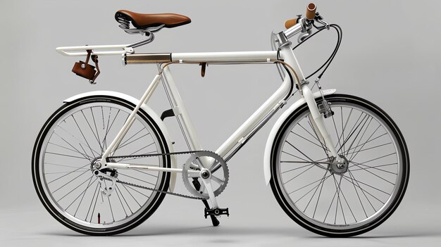 La bicicletta è di un design semplice ed elegante con un telaio bianco e un sedile in pelle marrone. Ha un telaio a passo che lo rende facile da montare e smontare.