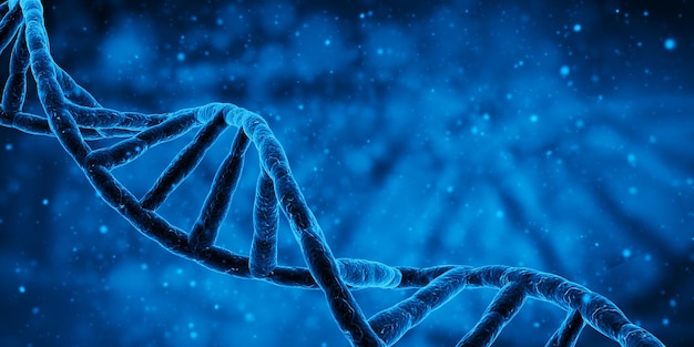 La biologia della ricerca scientifica della struttura del DNA blu e il concetto medico 3d rendono l'illustrazione