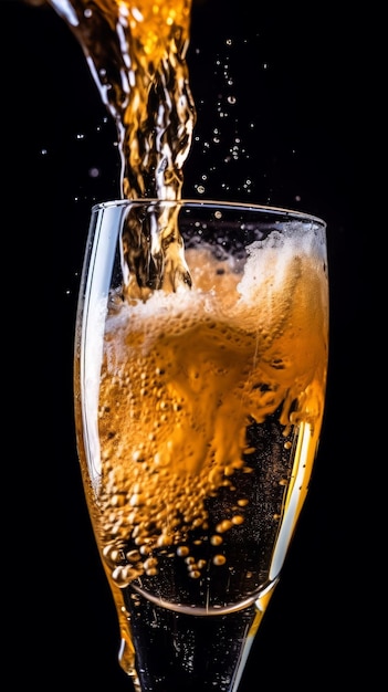 La birra viene elegantemente versata in un grande bicchiere su uno sfondo scuro IA generativa