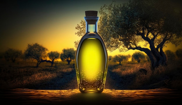 La bottiglia d'olio d'oliva dorata sul campo di olive da tavola in legno al sole mattutino con copyspace è Genera Ai