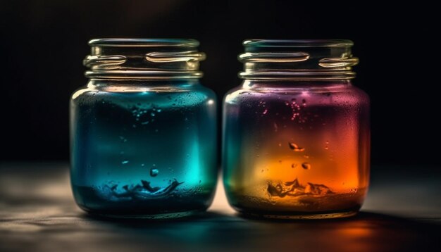 La bottiglia di vetro trasparente riflette lo sfondo blu bagnato generato dall'intelligenza artificiale