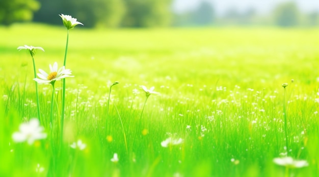 La brillantezza del prato verde brillante erba e fiori sul prato nello splendore del sole