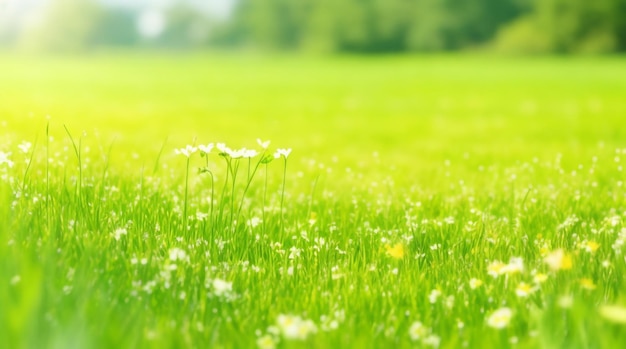 La brillantezza del prato verde brillante erba e fiori sul prato nello splendore del sole