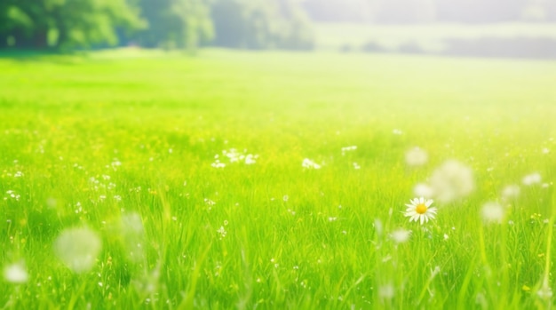 La brillantezza del prato verde brillante erba e fiori sul prato nello splendore del sole