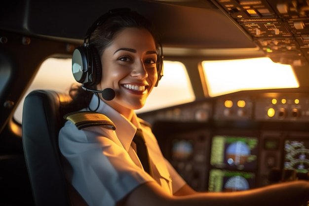 La cabina di pilotaggio di un aereo con una felice donna pilota dotata di IA generativa