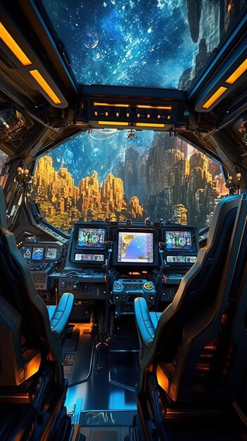 la cabina di pilotaggio di una nave spaziale con la vista dell'oceano e delle montagne sullo sfondo.