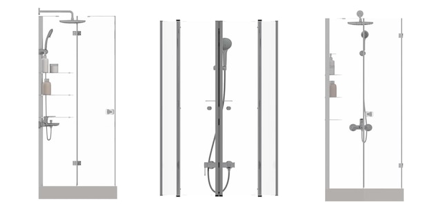 La cabina doccia è isolata su un'illustrazione 3D con sfondo bianco e un rendering CG