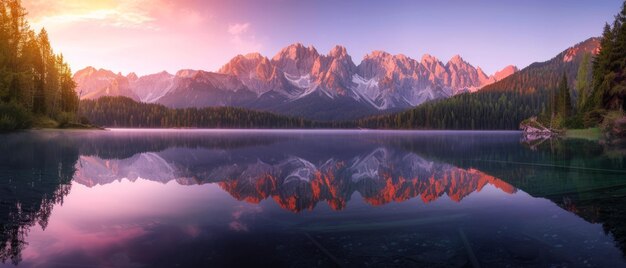 La calma vista mattutina del lago Fusine la colorata alba estiva nelle Alpi Giuliane