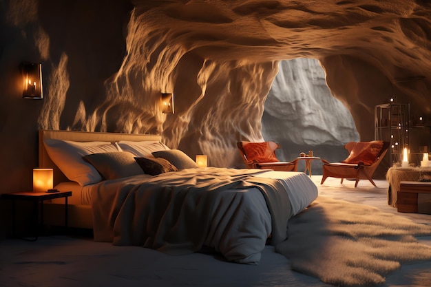 La camera da letto è progettata come la carta da parati di una grotta.