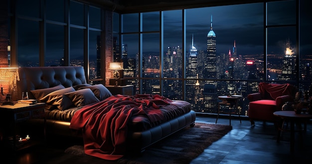 La camera da letto ha un letto e una vista notturna della città in un ambiente da sogno