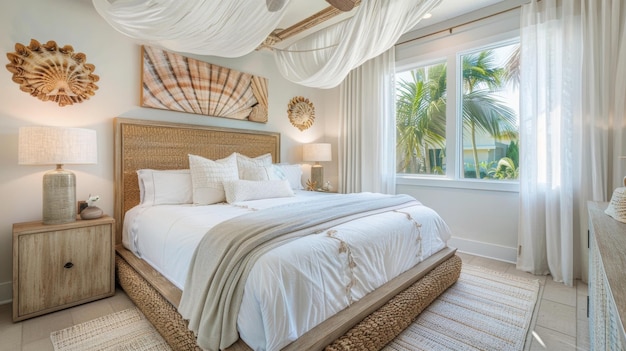 La camera da letto vanta un lussuoso letto di colore avorio con una testata di rattan naturale di colore marino