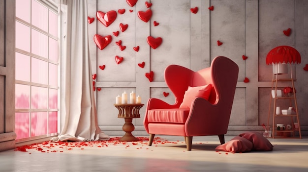 La camera interna di San Valentino ha una poltrona rossa e decorazioni per la casa per San Valentino IA generativa