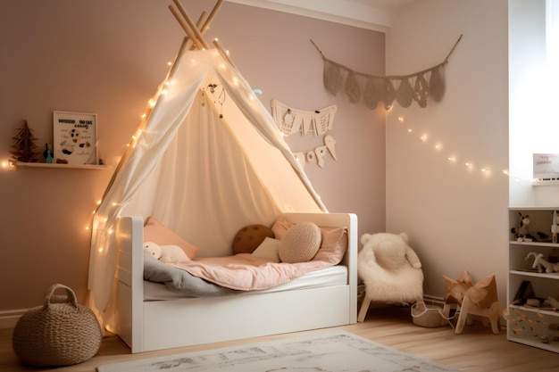 La cameretta di un bambino con una tenda bianca con sopra la scritta love.