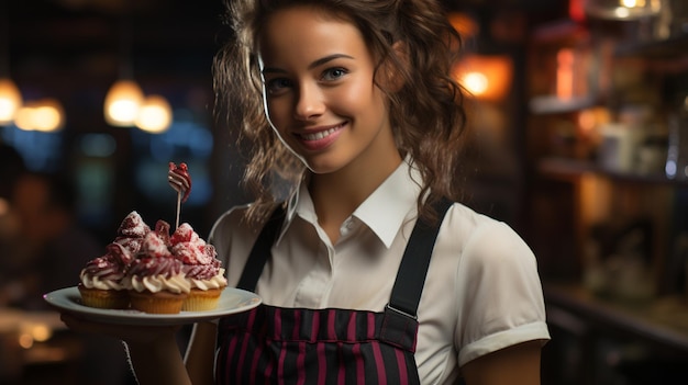 La cameriera di bar femminile presenta una torta