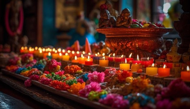 La candela accesa illumina l'altare per la cerimonia di preghiera indù al chiuso generata dall'IA