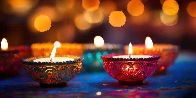 La candela Diwali su uno sfondo sfocato emana un bagliore morbido e incantevole