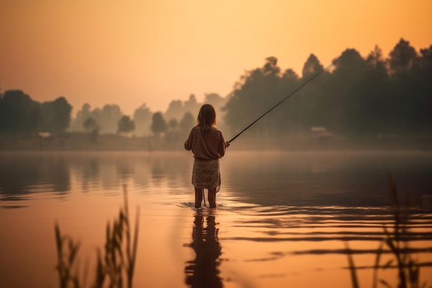 La canna da pesca mattutina della donna del pescatore genera Ai