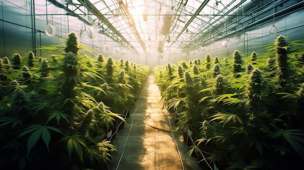 La cannabis commerciale cresce in greenhpuse Filari di piante AI generativa
