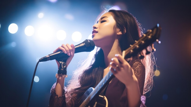 La cantante asiatica brilla durante il concerto sul palco