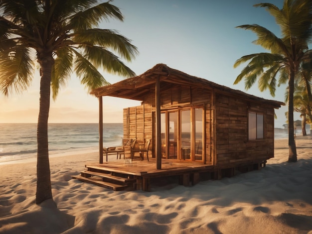 La capanna sulla spiaggia sullo sfondo dell'architettura del sole nascente 3d rende la vivace fauna selvatica