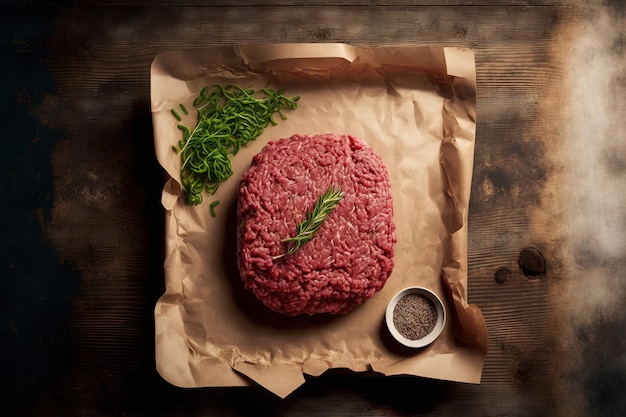 La carne macinata cruda fresca viene posta su carta da macellaio su uno sfondo di legno con vista dall'alto