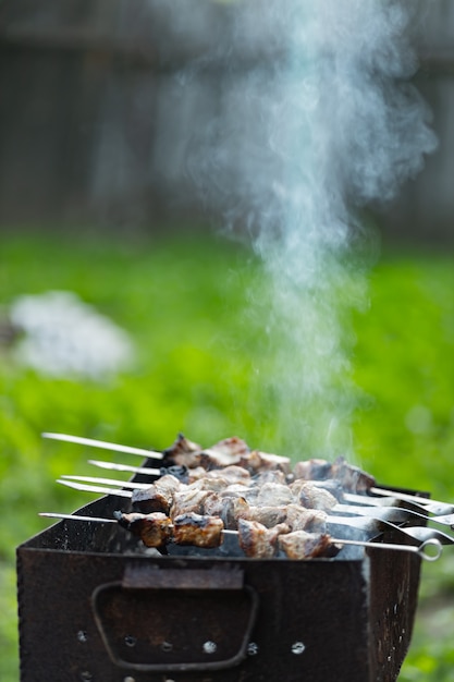 La carne viene fritta su spiedini sul mangal. Carne alla brace su spiedini in fumo. Kebab alla griglia che cucina in una casa di campagna. Copia spazio