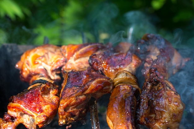 La carne viene grigliata alla griglia Barbecue sul fuoco