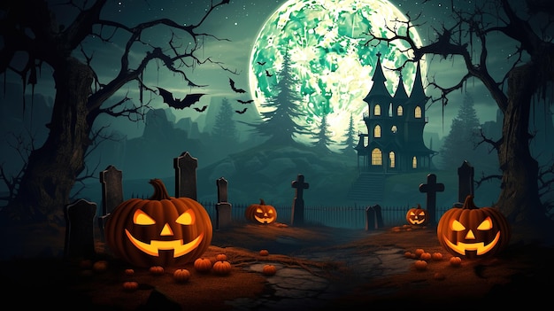 La carta da parati di Halloween con alberi morti, cimiteri, pipistrelli, luna piena e altri elementi gotici