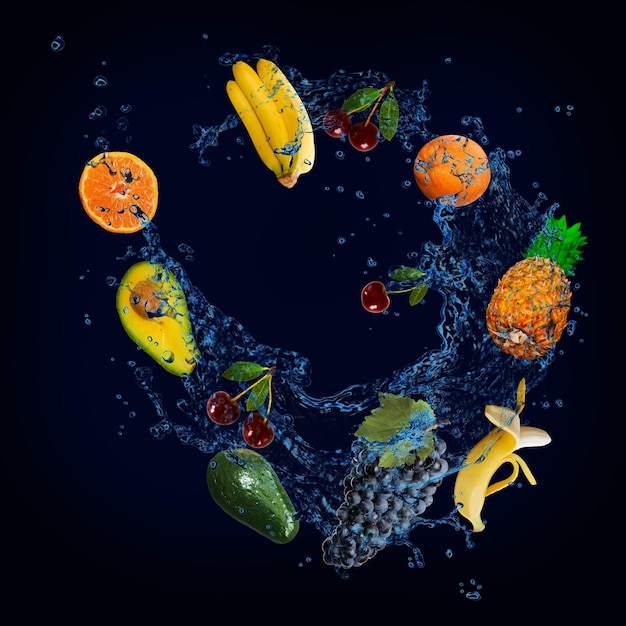 La carta da parati panoramica con frutta nell'acqua banana fresca arancia avocado uva ananas ciliegia sono pieni di vitamine per la dieta