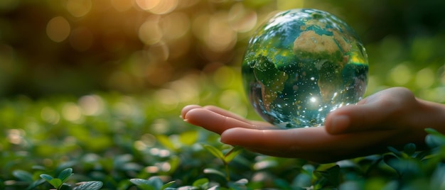 La carta raffigura una palla di vetro di cristallo del pianeta blu in una mano umana su uno sfondo verde sfocato.