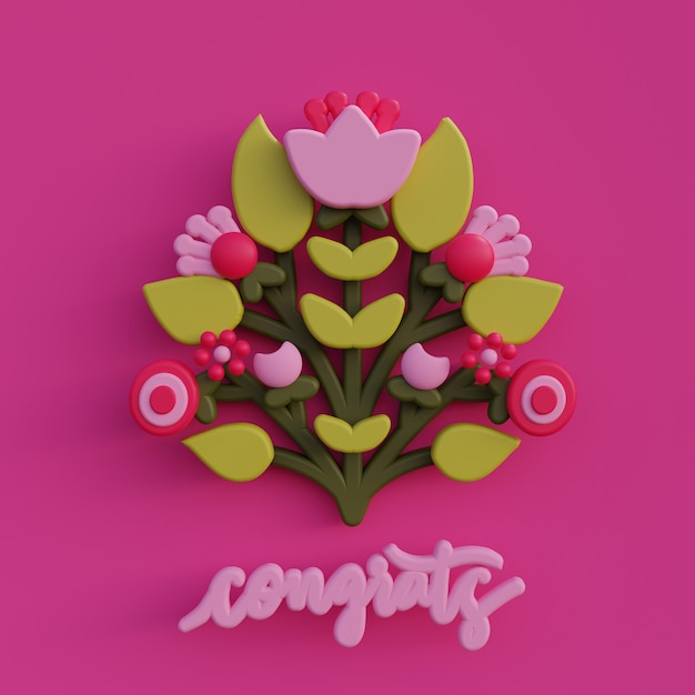 La cartolina d'auguri del fiore 3d di arte popolare 3d rende l'illustrazione botanica dell'ornamento