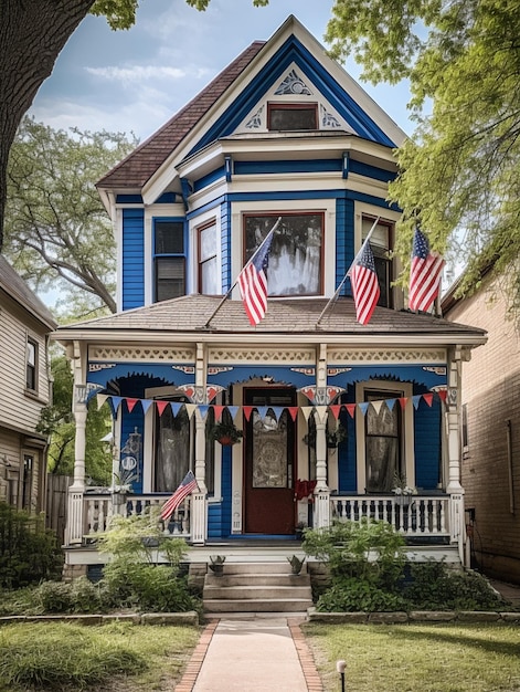 La casa di Araff con le bandiere americane sul portico anteriore generativo ai