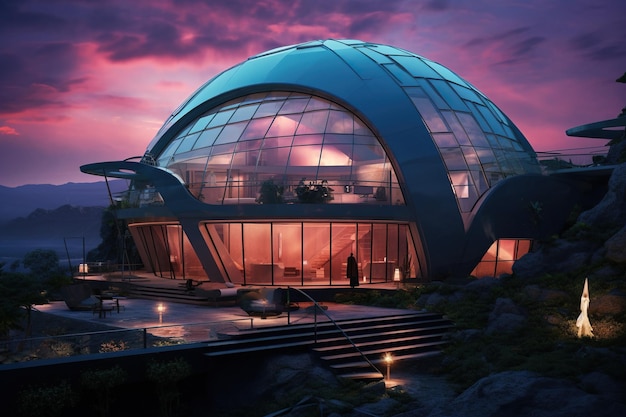 La casa di vetro a cupola ispirata al cyberpunk l'interno è impressionante quanto l'IA generativa esterna