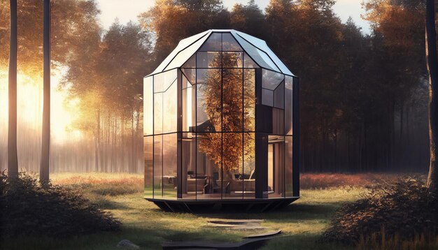 La casa di vetro del futuro in legno e vetro Genera Ai