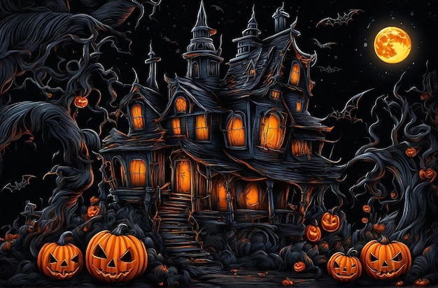 La casa di zucca di Halloween di fronte a una zucca generata da Ai