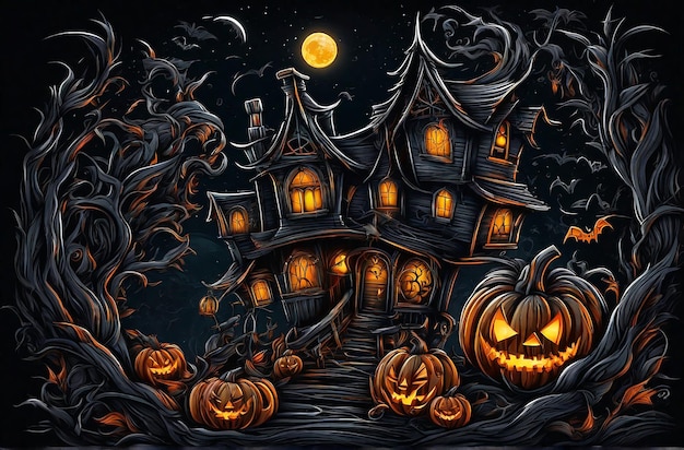 La casa di zucca di Halloween di fronte a una zucca generata da Ai