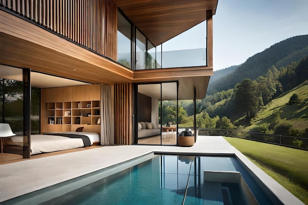 La casa è stata progettata dall'architetto e dispone di una piscina e di una vista sulle montagne.