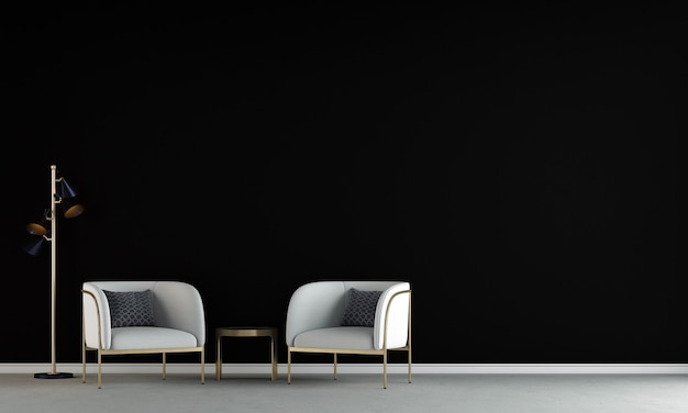 La casa moderna e la decorazione simulano mobili e design d'interni di un soggiorno minimo e di una parete nera con texture di sfondo 3d rendering