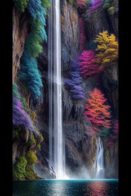 La cascata che scorre dalla montagna forma un bellissimo arcobaleno