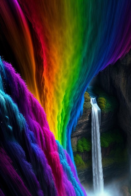 La cascata che scorre dalla montagna forma un bellissimo arcobaleno