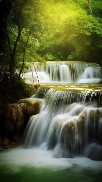 La cascata nella carta da parati della foresta